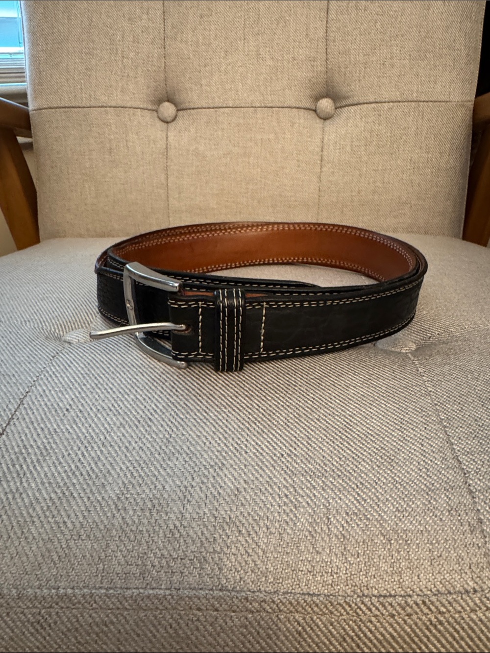 T.B. Phelps Men's Black Leather Belt with Contrast Stitching